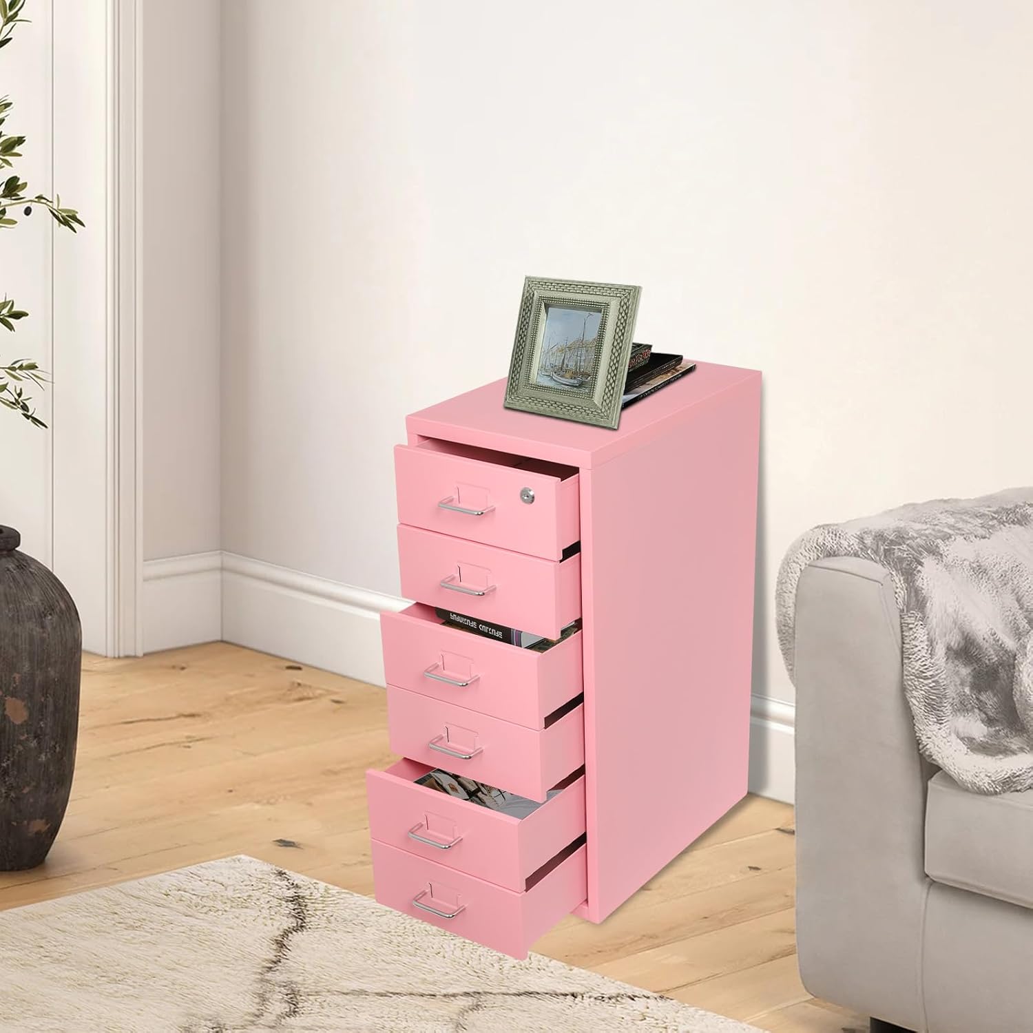 6 Drawers File Cabinet with Lock & Wheels, Mobile Metal Filing Cabinet Vertical File Cabinet Under Desk Filing Cabinets for Home Office fits Legal/Letter/A4 Size, 11x16x27in (Pink)