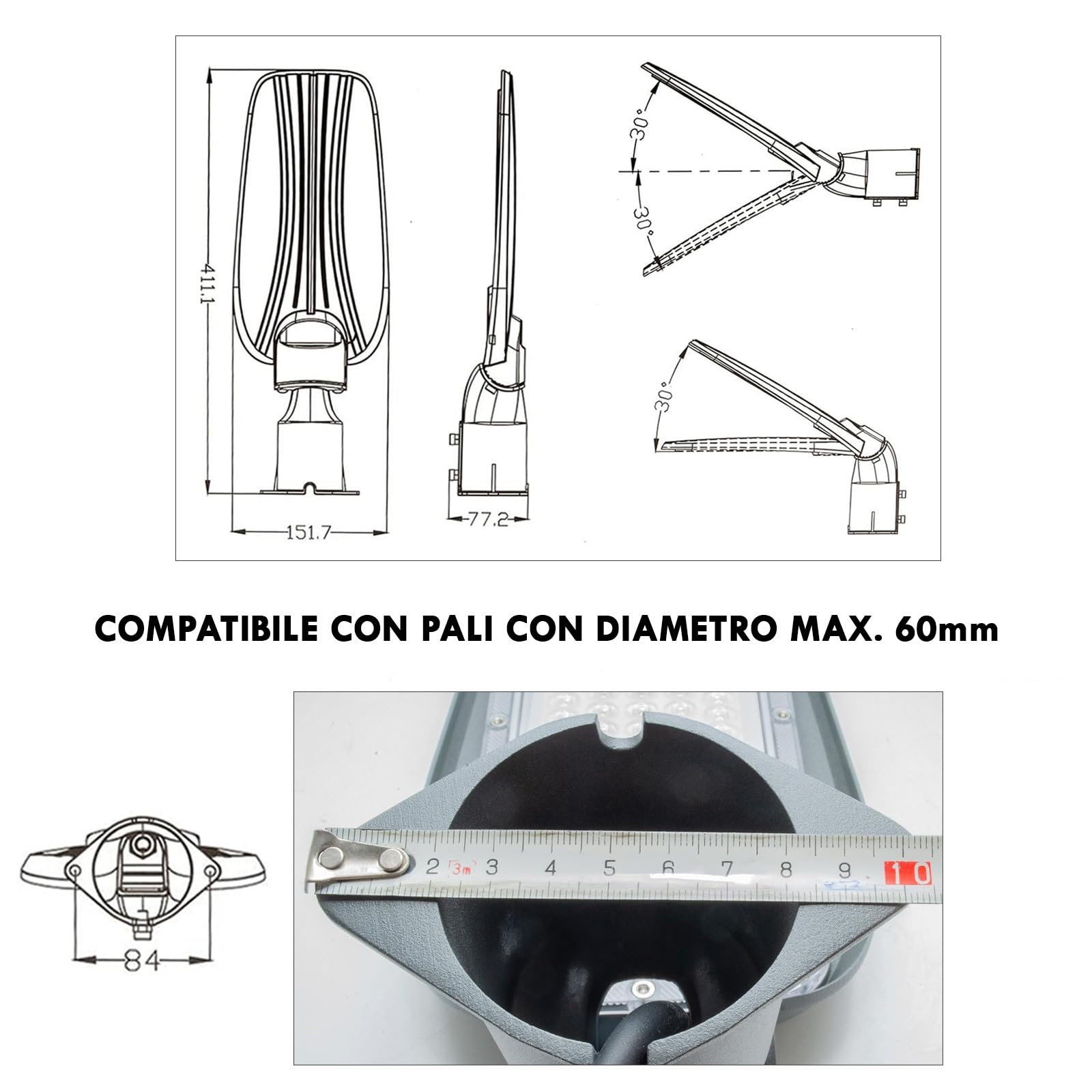 Planetitaly Faro armatura stradale IP65 esterno lampione LED 50W inclinabile 90 gradi luce viali sentieri giardino 4500lm 230V