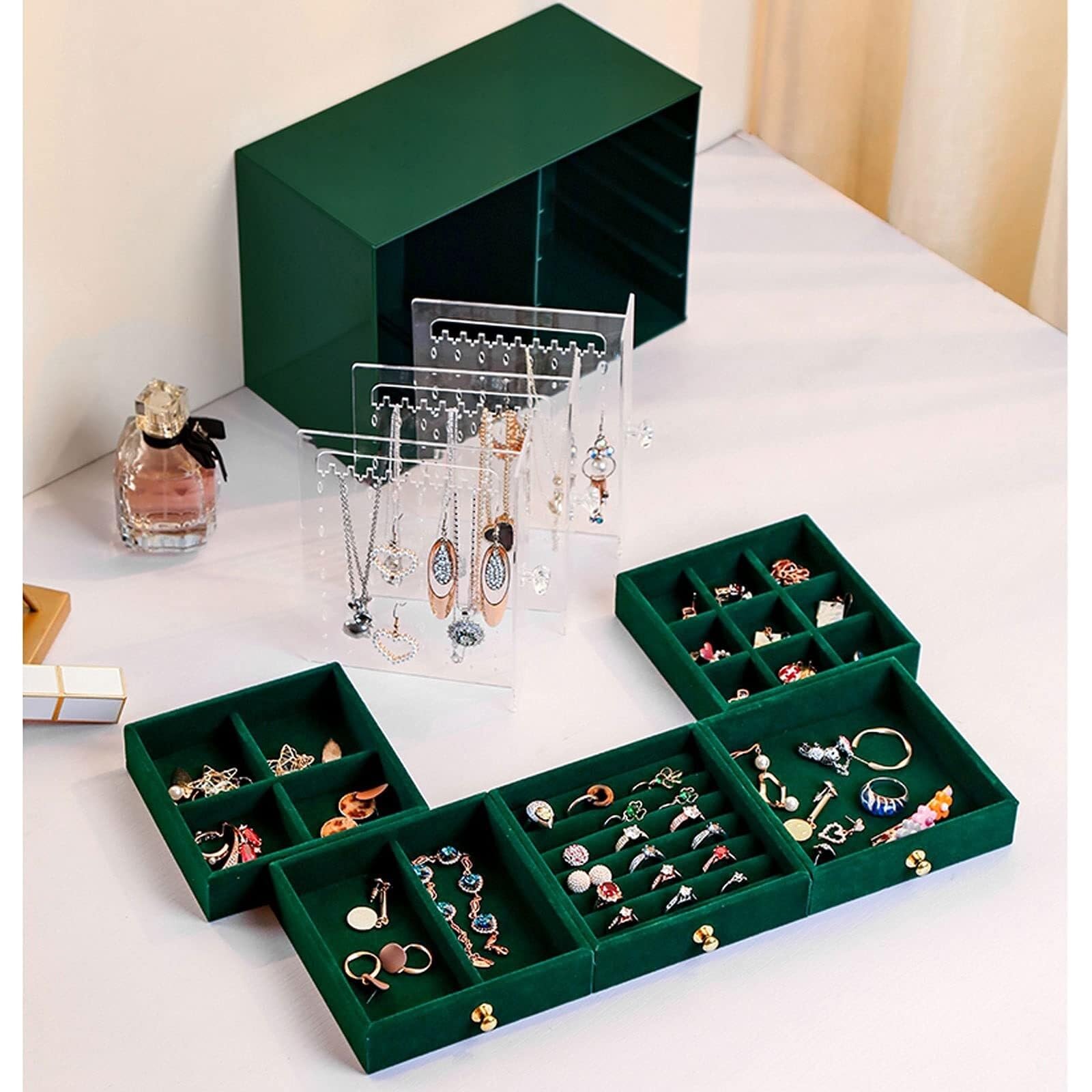 Organizador de Joyas con 5 cajones y 3 Soportes extraíbles para Pendientes, Forrado de Terciopelo, para Anillos, Pulseras y Collares.