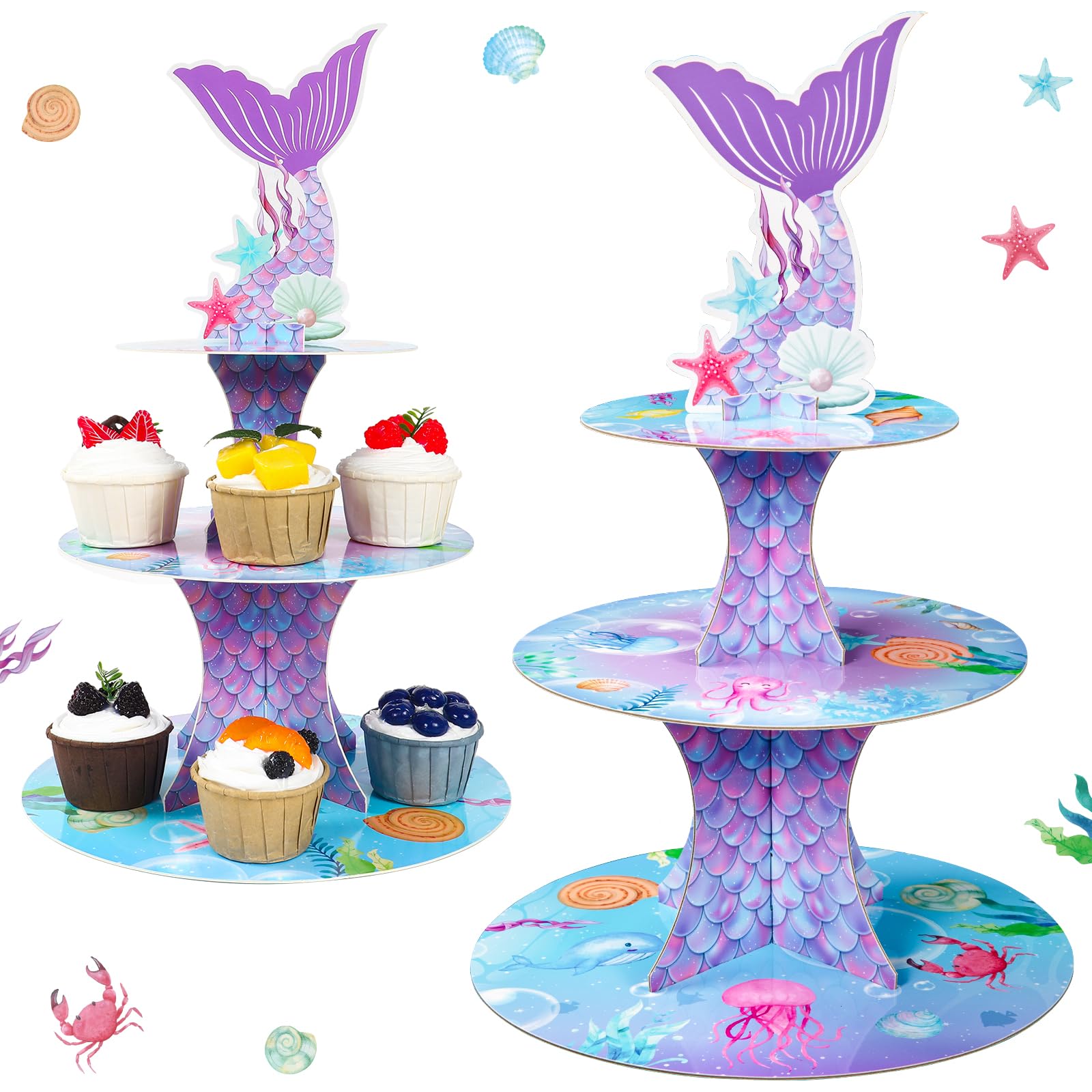 Lot de 2 supports à cupcakes sirène à 3 niveaux pour anniversaire fille