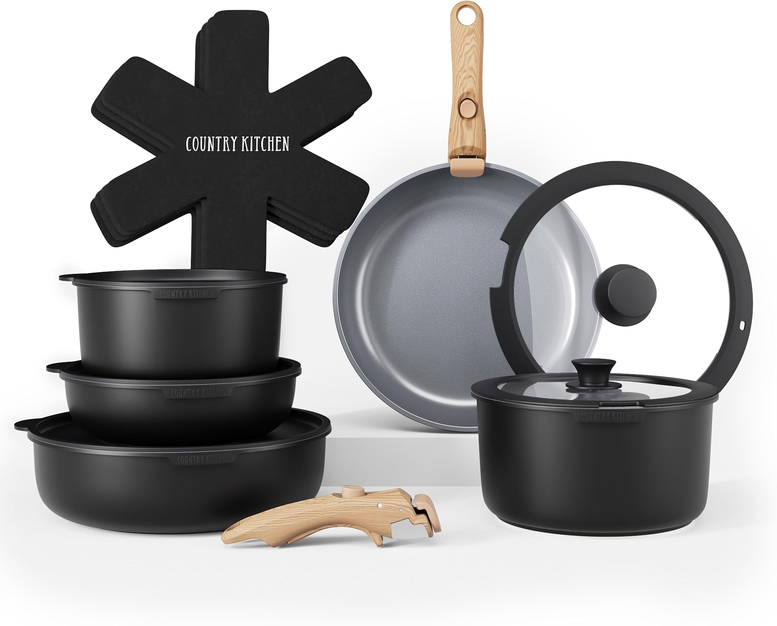 Country Kitchen 16 Piece Pots and Pans Set - Safe Nonstick Kitchen Cookware with Soft Touch Wooden Removable Handle, RV Cookware Set, Oven Safe (Black)
