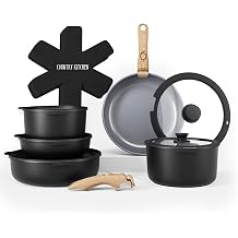 Country Kitchen Cookware Set with Removable Handle, Oven & RV Safe Pots and Pans Set, Black/Grey Wood Handle, Original