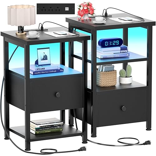Nightstands Set of 2, 3-Tier Nightstand with LED Lights, 26.8'' Nightstands with Charging Station and USB Ports, Adjustable Wood Drawer, End Table Bedside Table with Storage for Bedroom, Black