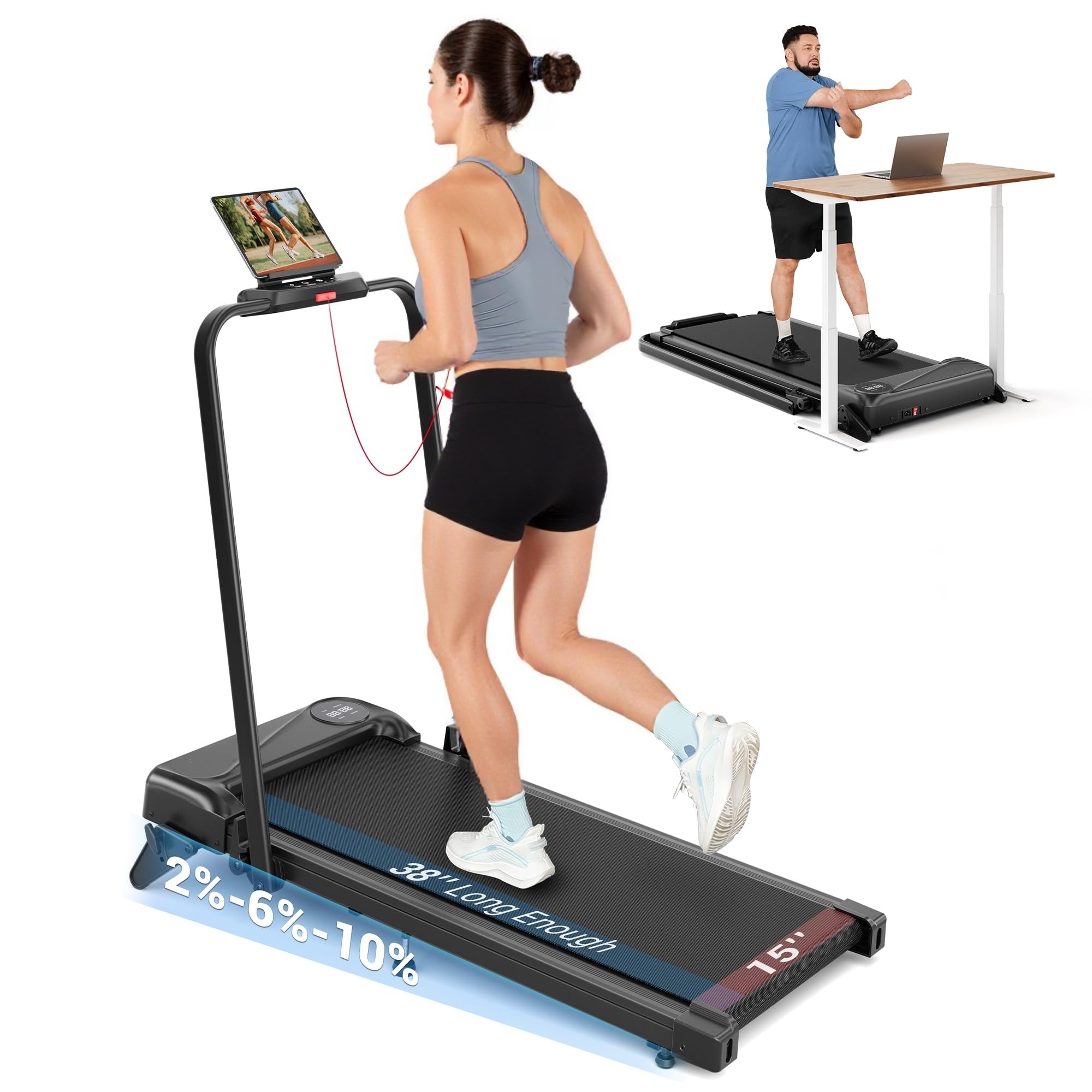 THERUN 2 in 1 Walking Pad Treadmill, 3-Level Manual Incline 2%-6%-10%, Foldable Treadmill for Home, 2.5HP, 1-10km/h, Magnetic Remote, No Assembly, Compact Walking Folding Treadmill for Home Office