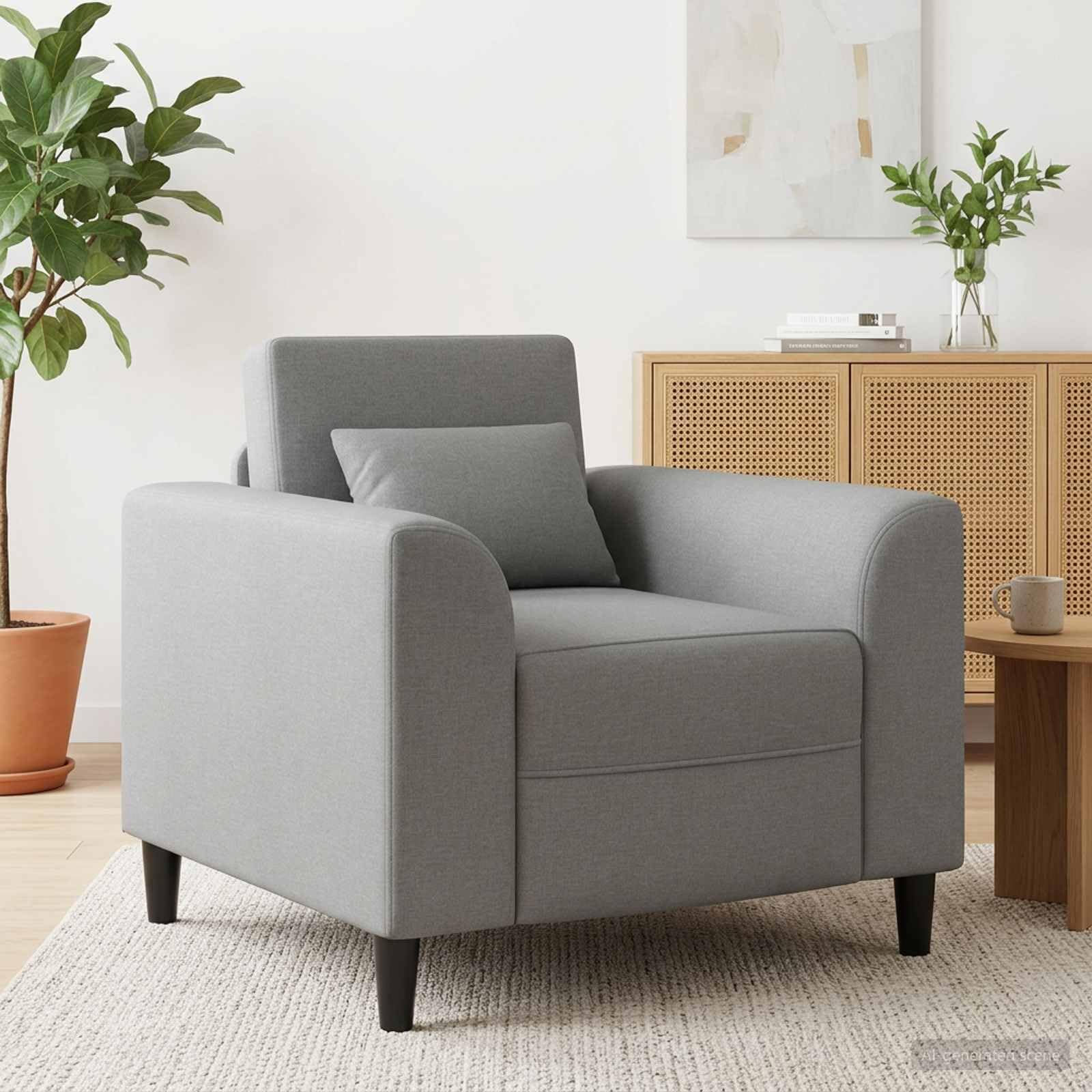 Poltrona moderna in tessuto grigio chiaro con braccioli larghi