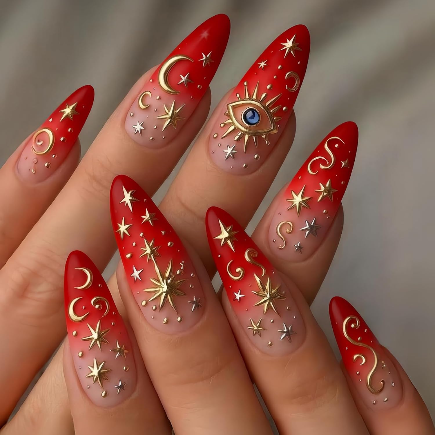 Medium Almond Fake Nails - Red Pink Ombre Press On Nails