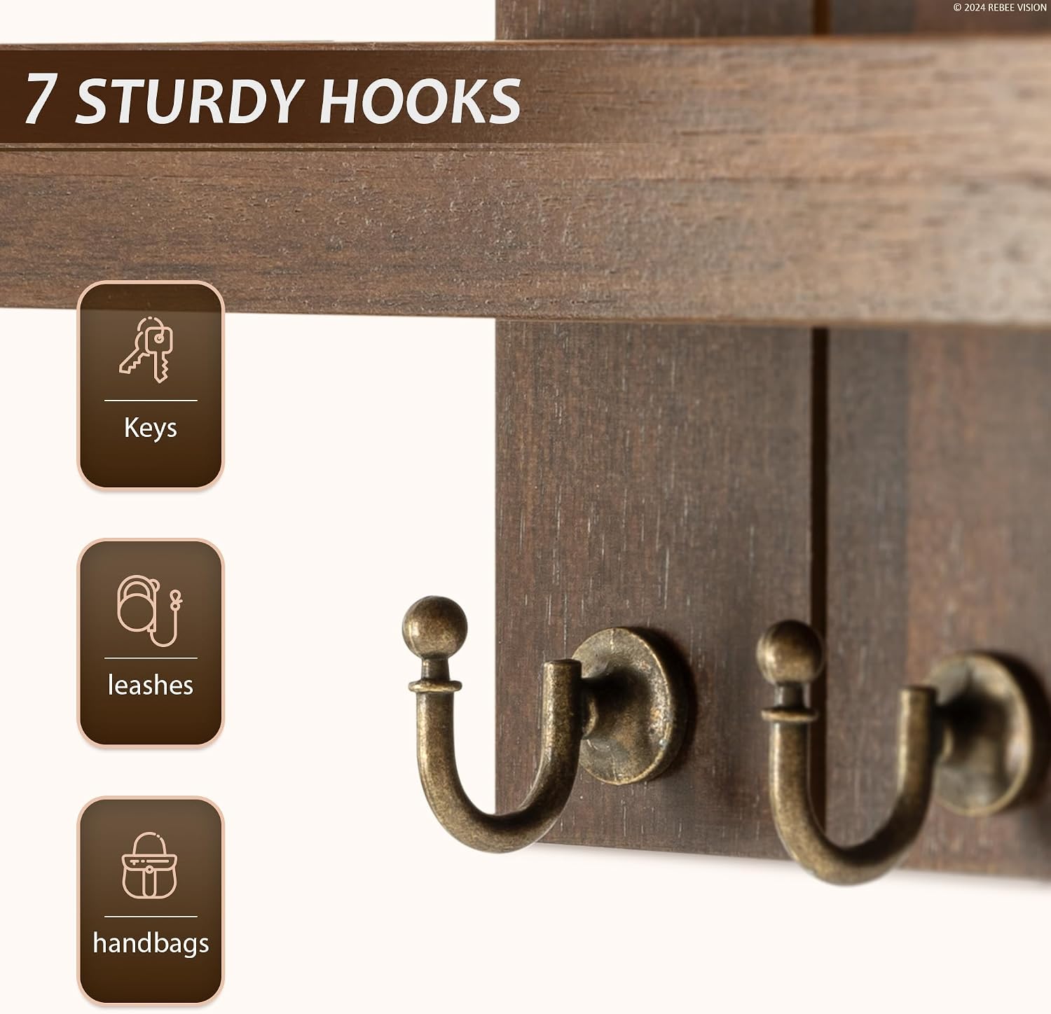 Rebee Vision Acacia Wood Key Holder Wall Mount, Shelf & Hooks, Dark Brown image 5