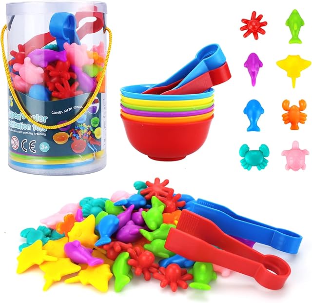 QMET 64Pcs Montessori Counting Toys, Colour Sorting Toys for Toddlers with Matching Bowl and Tweezers, Preschool Learning Educational Activities Toys Color Classification and Sensory Game Set