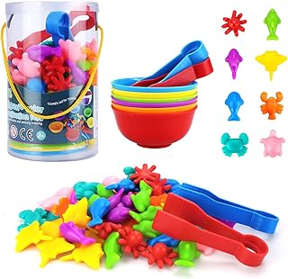 QMET 64Pcs Montessori Counting Toys, Colour Sorting Toys for Toddlers with Matching Bowl and Tweezers, Preschool Learning Educational Activities Toys Color Classification and Sensory Game Set