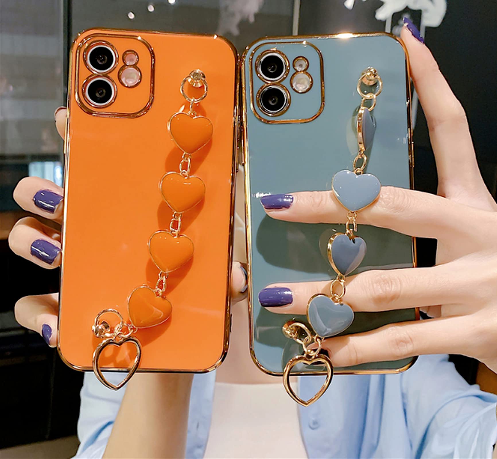 OQSM - Custodia per telefono con placcatura a forma di cuore, colore caramella con cinturino da polso a forma di cuore, per iPhone 11, colore: Bianco