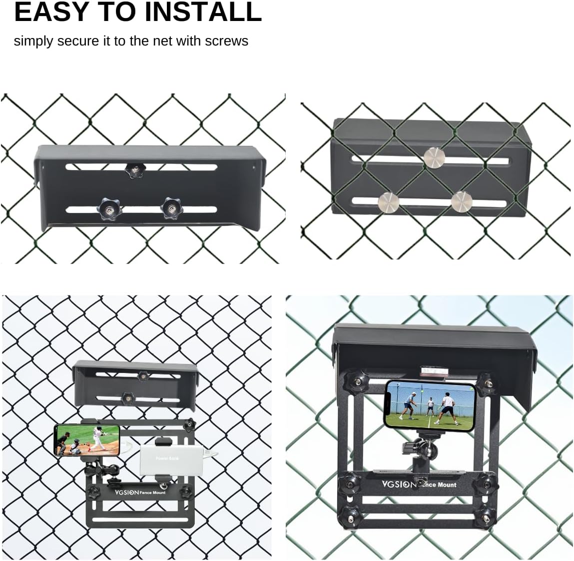 Phone Fence Mount with Shade for Tennis/Baseball Games | Camera Chain Link Fence Holder, Support Recording while Charging, Adjustable, Easy Installation