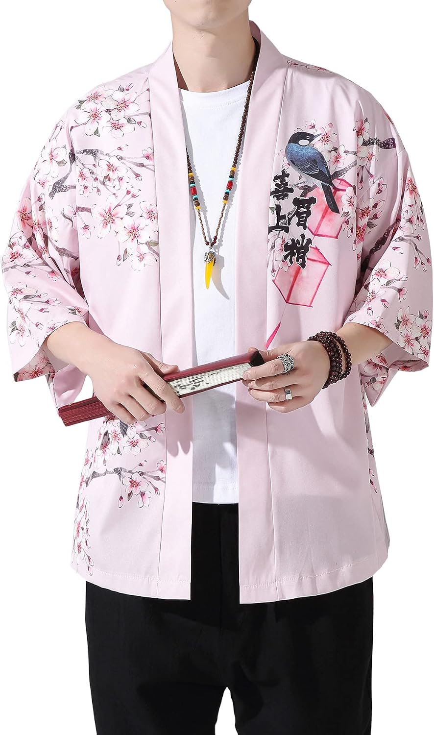 PRIJOUHE Men's Lightweight Kimono Jacket Seven Sleeve Open Front Cardigan Coat Japanese Style Bathrobe