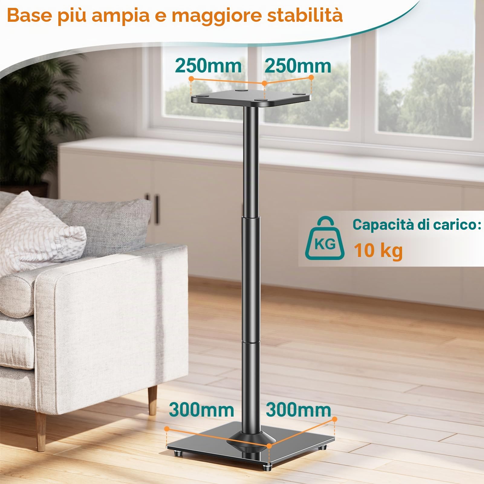 ELIVED Supporto universale per altoparlante regolabile in altezza fino a 95 cm, con base in vetro e canalina interna per altoparlante da scaffale, 10 kg, colore nero