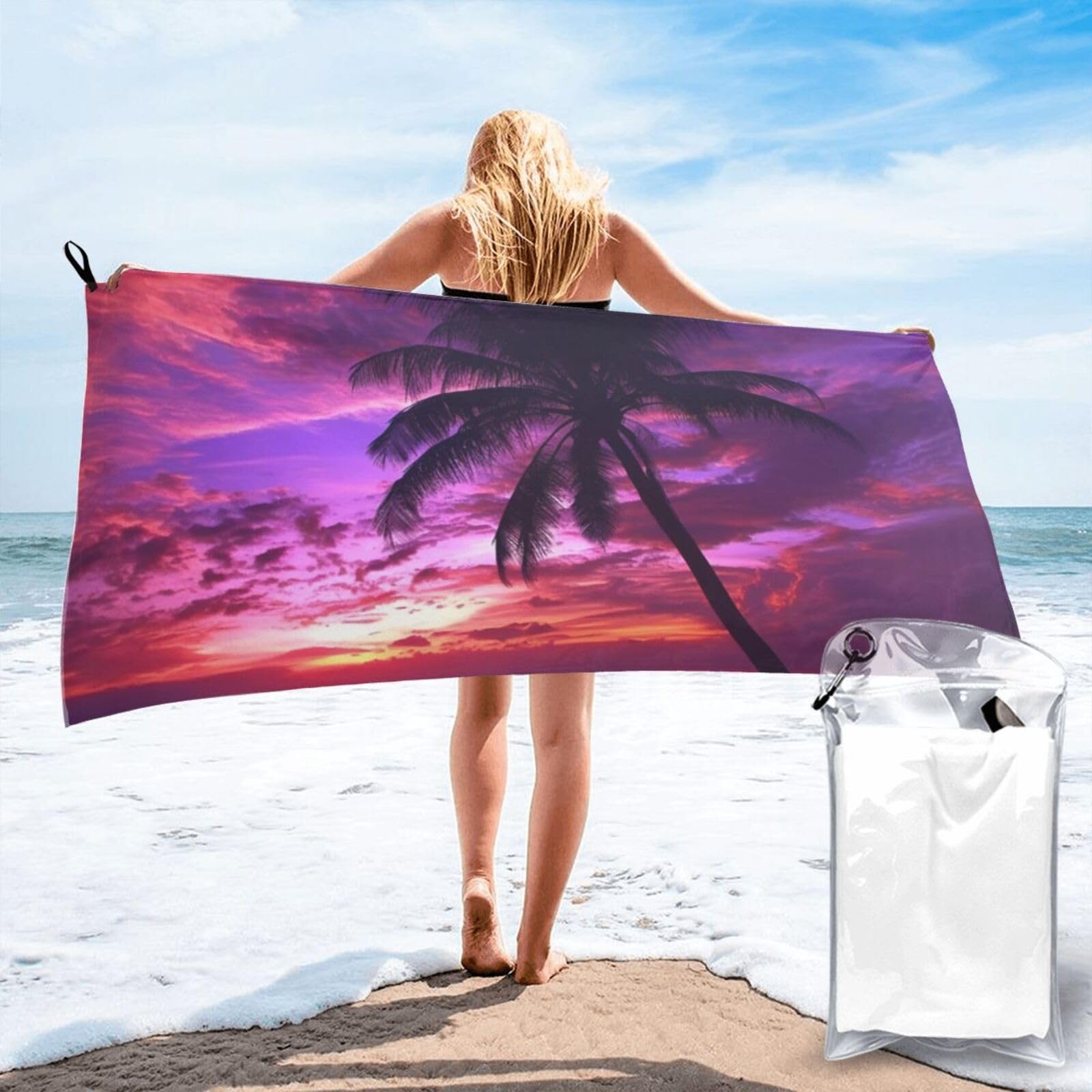 DWVTSLH Microfiber Sand Free Beach Towel 27.5"x55", Quick Dry Absorbent Travel Towel Large Camping Blanket, Palm Tree Purple Sunset Bath Towels Lightweight Pool Swim Towels for Vacation Essentials