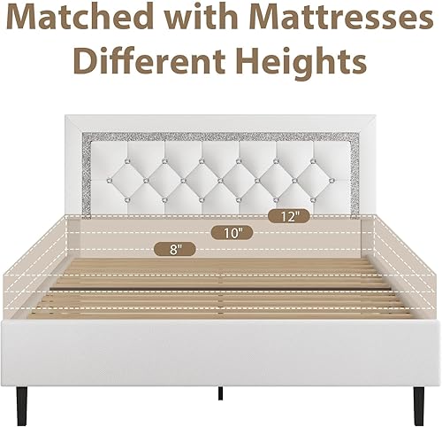 Miniatura 6 de BarnFurin Base de cama tamaño matrimonial con cabecera de botones copetudos, plataforma tapizada con diseño de diamante, soporte de listones de