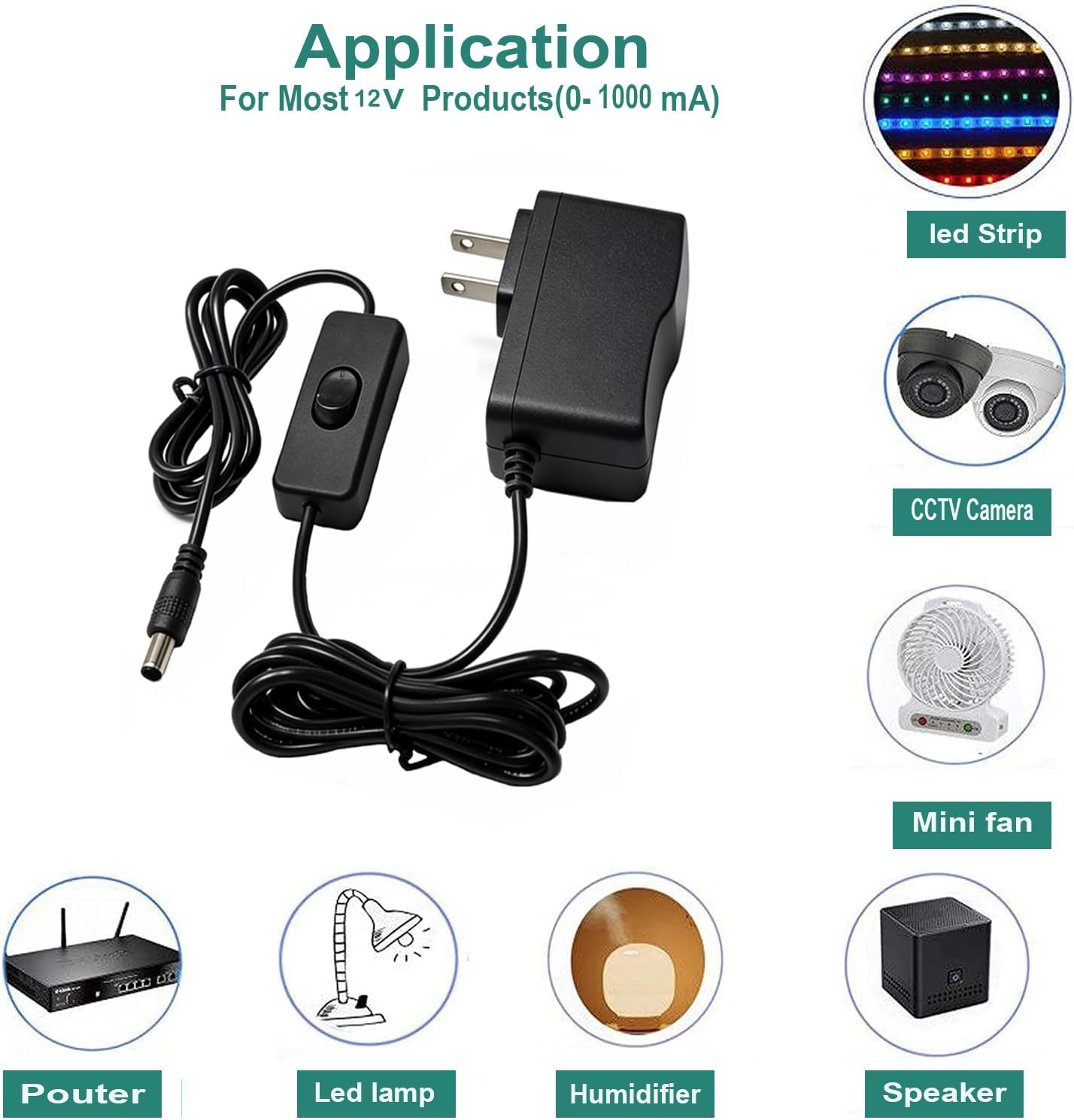 12V 1A DC Power Supply with On/Off Switch Adapter AC 100-240V 50-60Hz to DC 12V 6.2ft Power cord with 5.5x2.5mm plug &5 tips for LED Strip Lights & Security Cameras