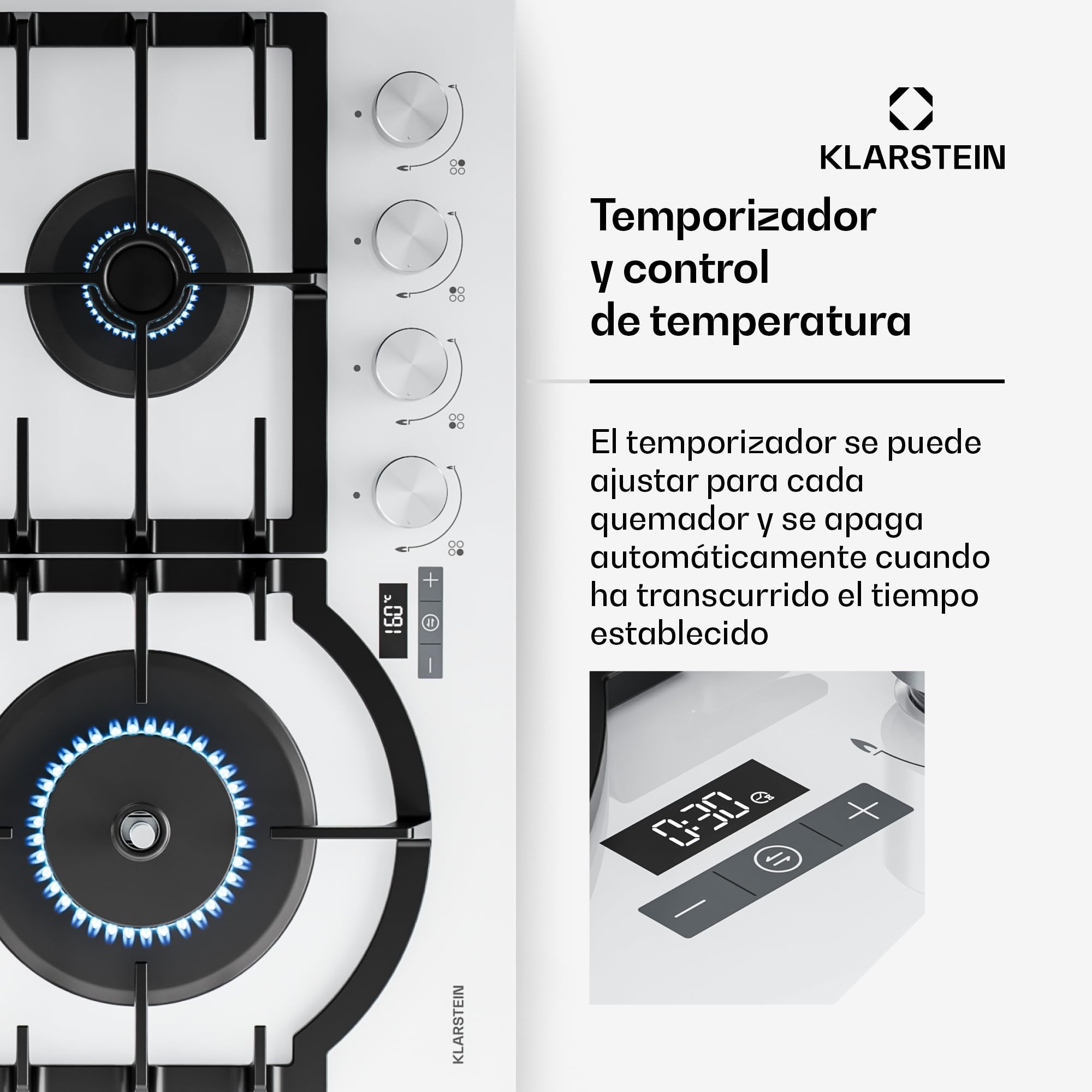 Klarstein Ignito Placa de Gas, 4 Quemadores Aluminio, 8000W, Temporizador, Control Preciso, Seguridad Antiflama, Encendido Eléctrico, 60x51cm, Encimera Gas, GLP/Natural, Blanco