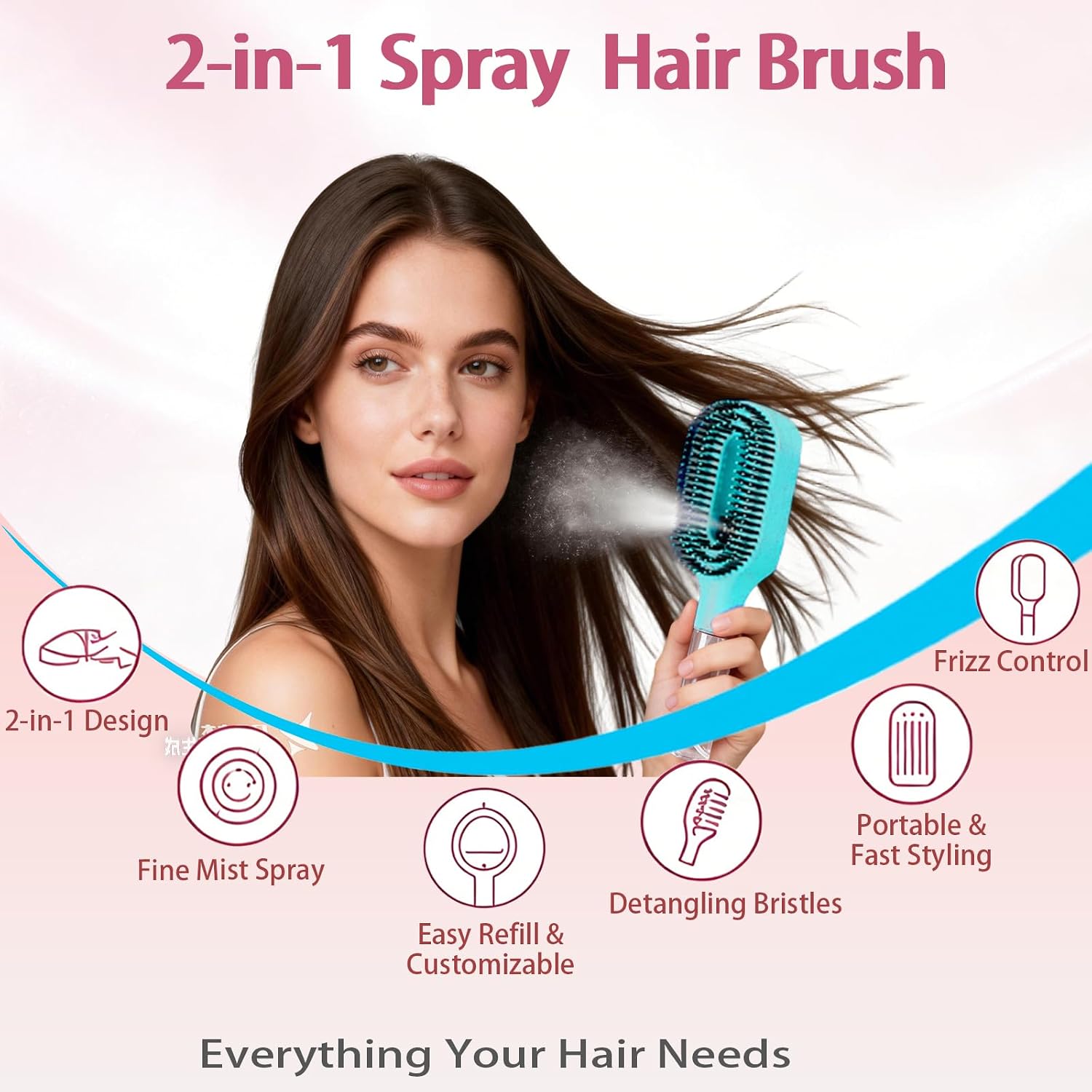 Hair Brush with Water Spray, 2-in-1 Detangling Tool for Frizz Control, Works on Wet & Dry Strands, Portable Mist Comb for Thick, Curly & Fine Textures(2 Blue)