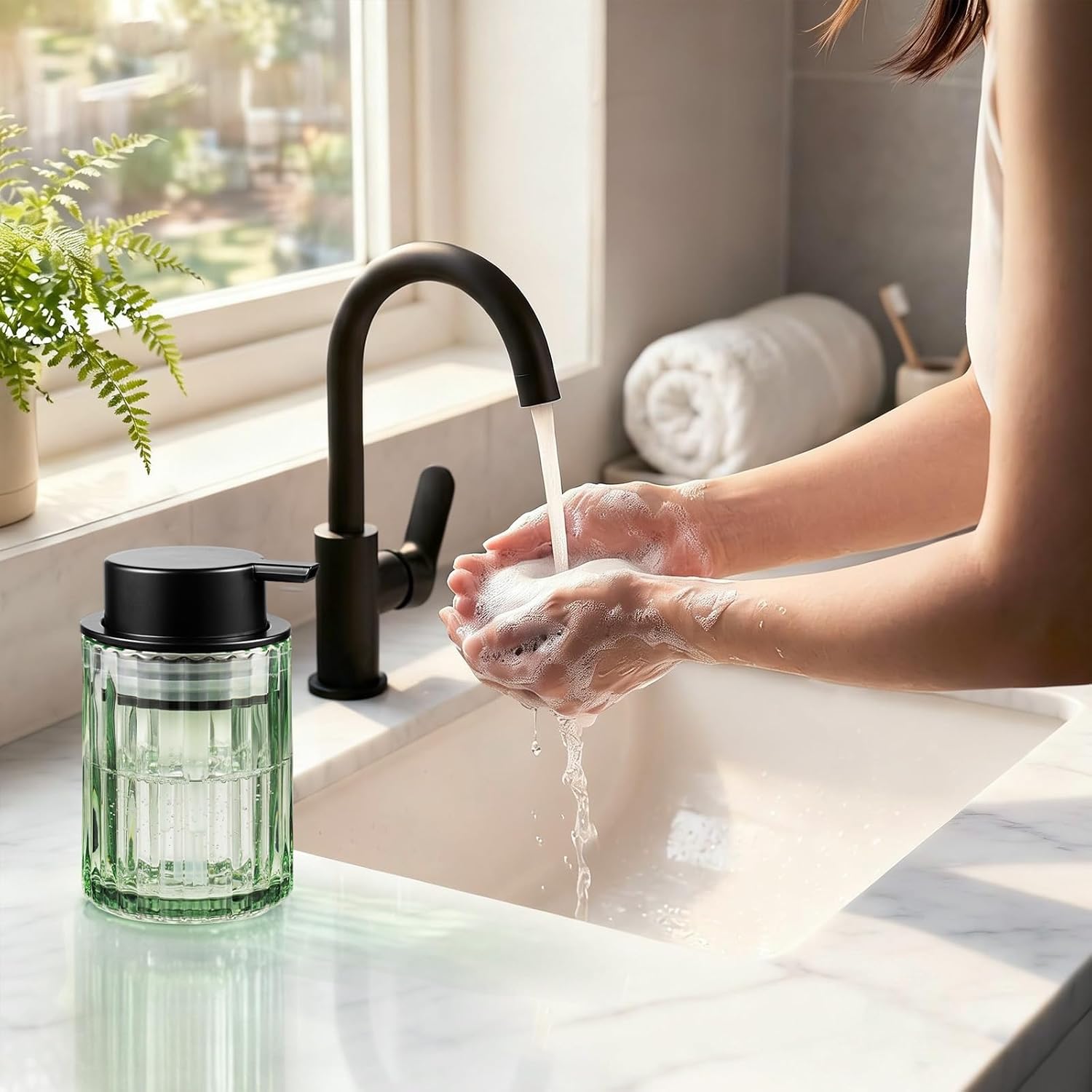 Foam Soap Dispenser, 8oz Green Glass Refillable with Black Pump, 1 Pack