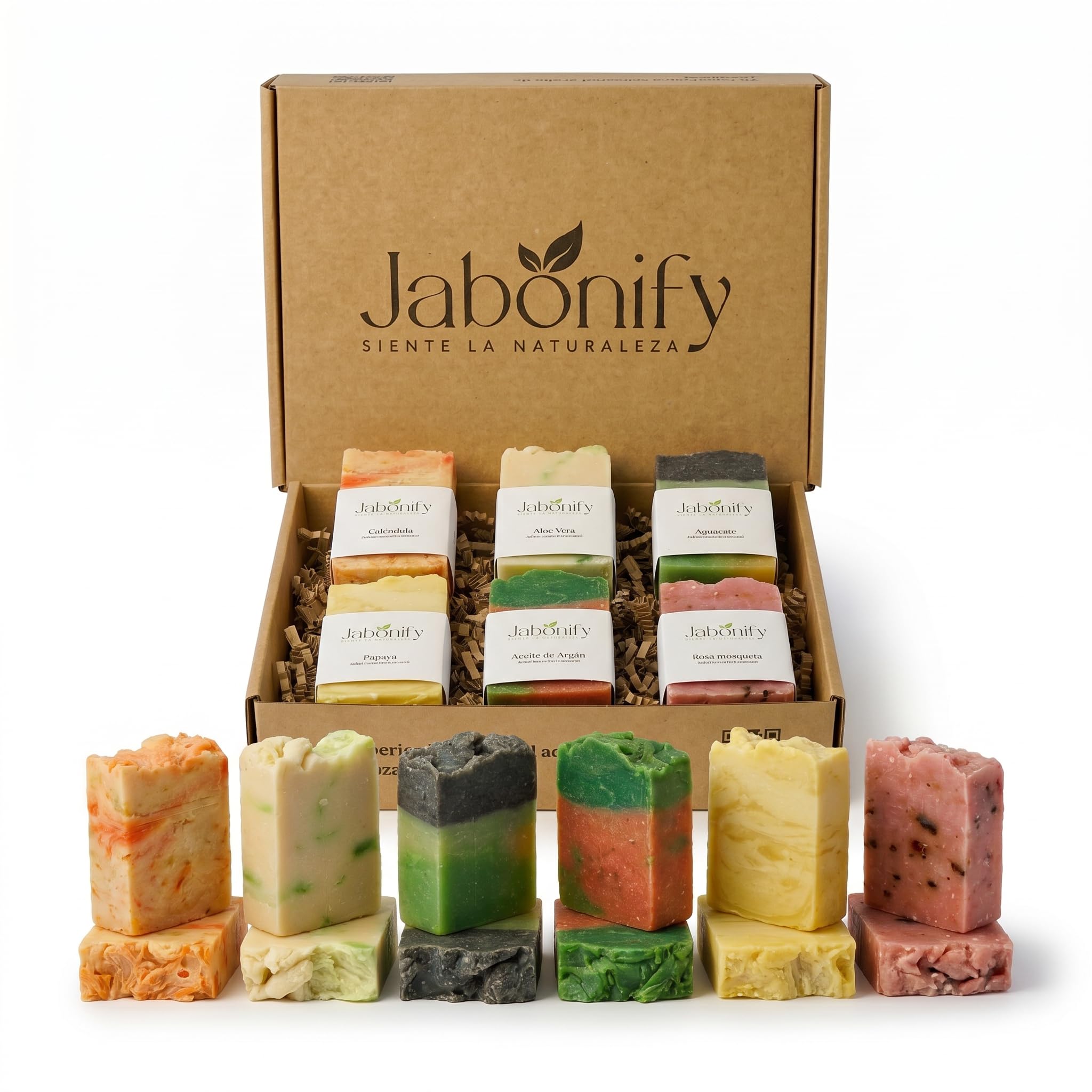 Pack Regalo Jabones Naturales Artesanales, 6 Unidades x 100gr, Barra Hidratante, con Rosa Mosqueta, Argán, Caléndula, Aloe Vera, Papaya y Aguacate
