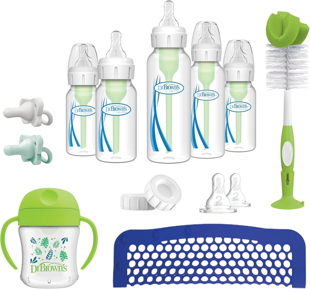 Dr. Brown's Natural Flow Opciones anticólicos+ Set de alimentación para el primer año con biberones para recién nacidos, vaso de transición con pico suave, cepillo de limpieza de biberones y chupete HappyPaci 100 % silicona, 0 m+