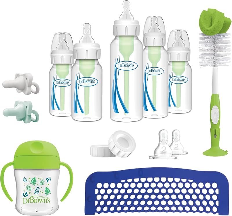 Dr. Brown's Natural Flow Opciones anticólicos+ Set de alimentación para el primer año con biberones para recién nacidos, vaso de transición con pico suave, cepillo de limpieza de biberones y chupete HappyPaci 100 % silicona, 0 m+
