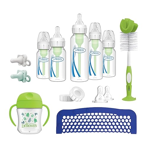 Dr. Brown's Natural Flow Anti-Colic Options+ First Year Feeding Set with Newborn Baby Bottles, Soft Spout Transition Cup, Bottle Cleaning Brush & 100% Silicone HappyPaci Pacifier, 0m+