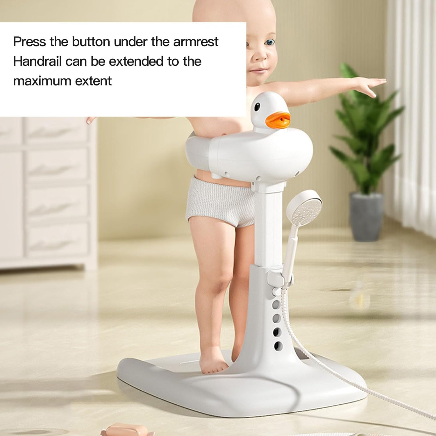 Baby Hug Bath Tower, Cartoon Duck Adjustable Height Bath Shower Standing Support Baby Shower Stand Ergonomic Baby Bath Stand with Silicone Pad Base for Bathing