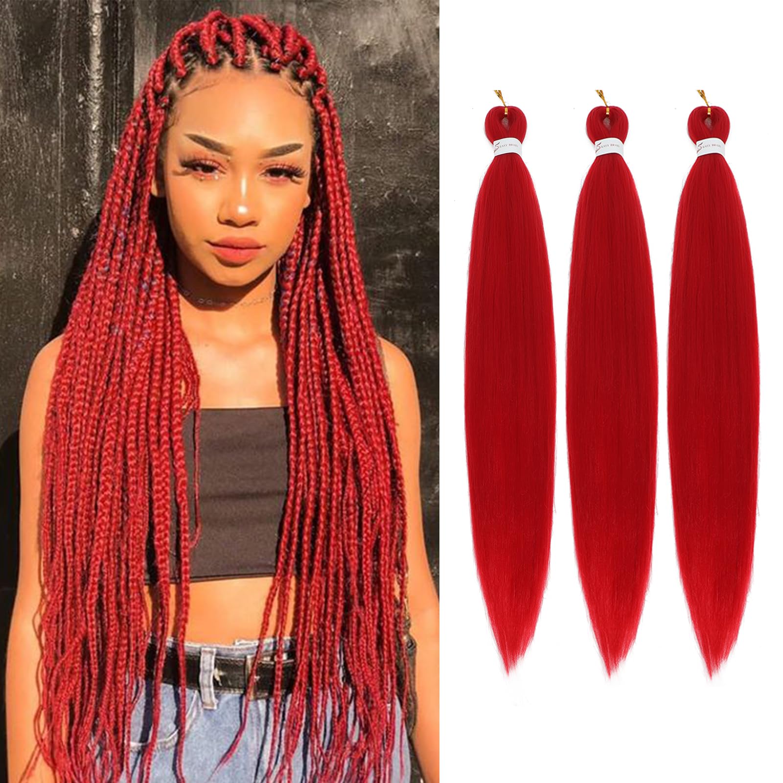 Red Braiding Hair Pre Stretched 30 Inch 3 Packs Long Braiding Hair Extension Pre Stretched Braiding Hair Professional Synthetic Hair For Braiding Crochet Twist Braids Soft Yaki Texture(30",Red-3P)