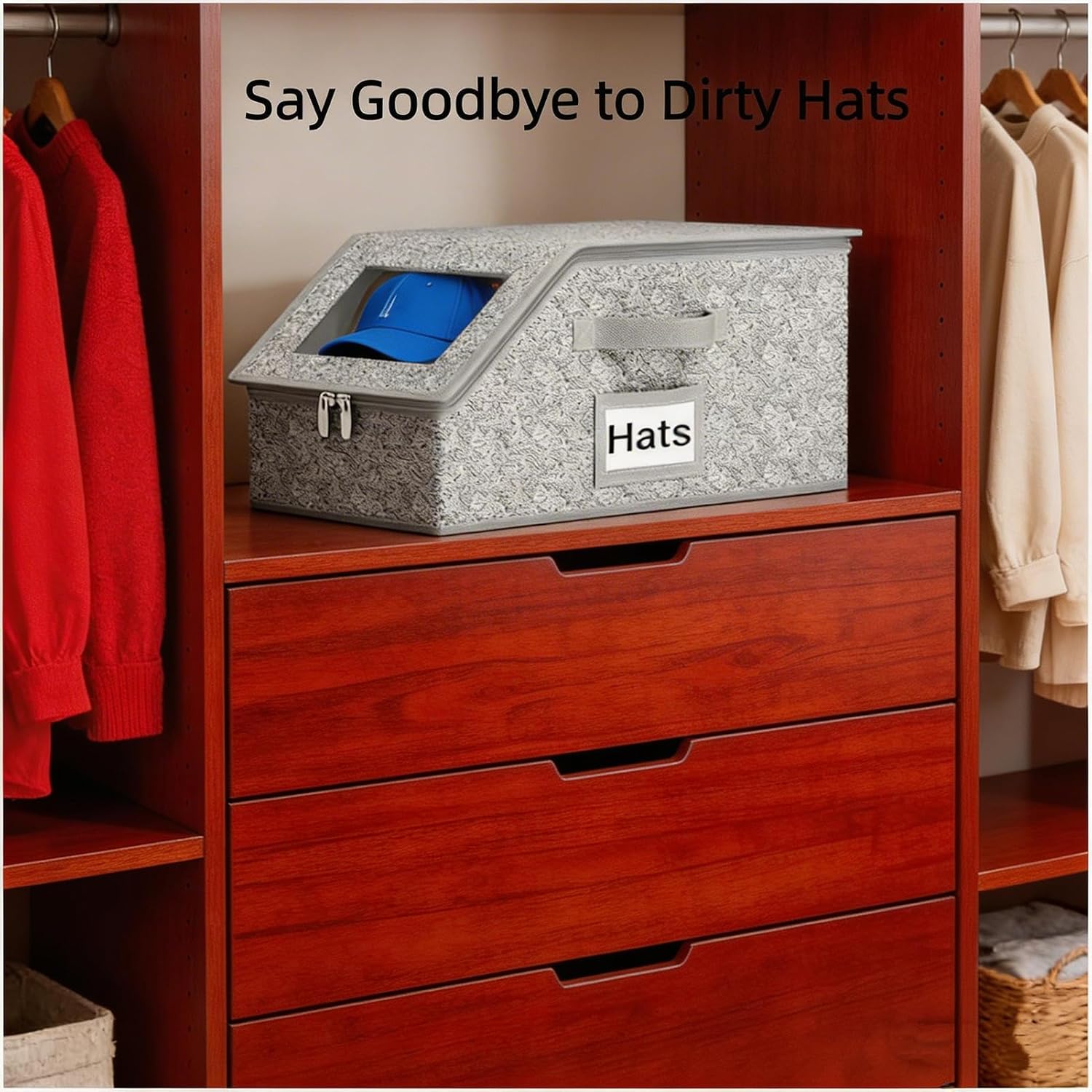 Hat Organizer for Baseball Caps - 2 Pack Stackable Hat Storage Boxes with Clear Window, Holds Up to 24 Caps, Dustproof Hat Box for Closet & Shelf, Space-Saving Hat Holder for Men & Women, Grey