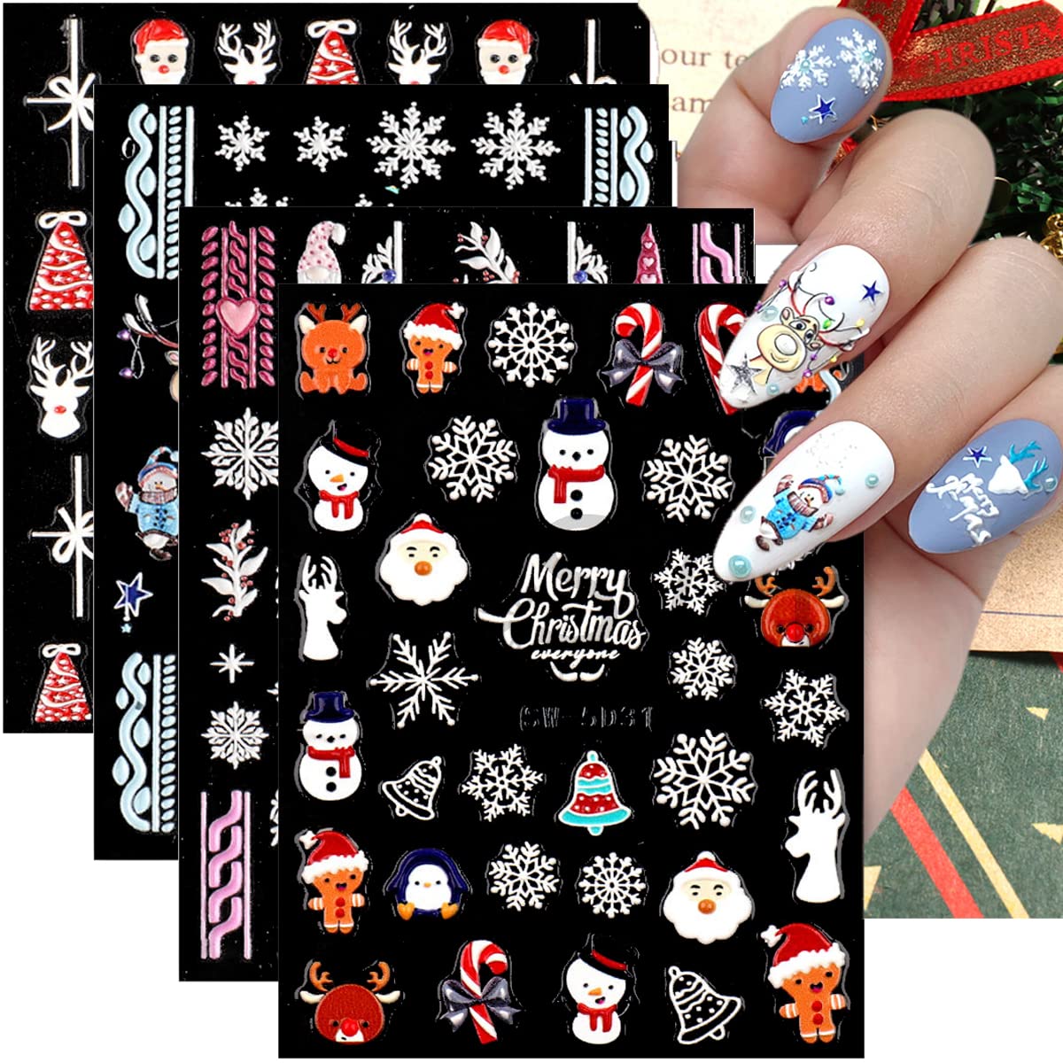 Christmas Nail Art Stickers, 5D Embossed Snowflake Nail Decals Self-Adhesive Santa Claus Elk Bells Snowman Pattern Winter Nail Design for Women Girls Xmas Holiday Nail Decorations (4 Sheets)