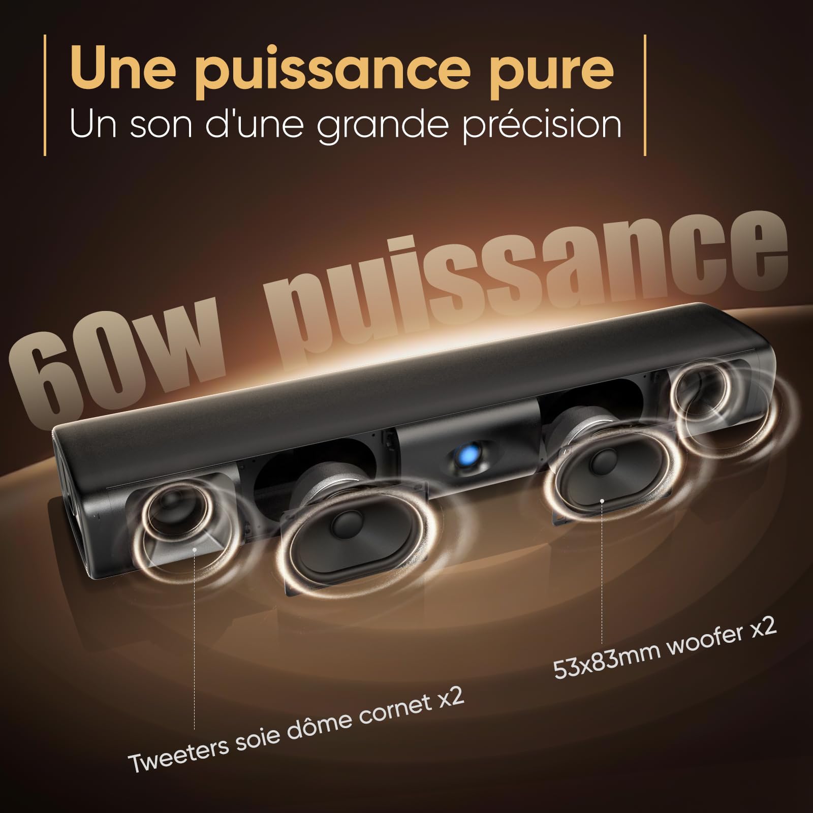 Saiyin Barre de Son TV 17 Pouces 60W Bluetooth 5.3, Enceinte Cinéma Maison | Son surround virtuel, fixation murale, ports HDMI‑ARC/Optique/AUX, convenant pour TV et PC