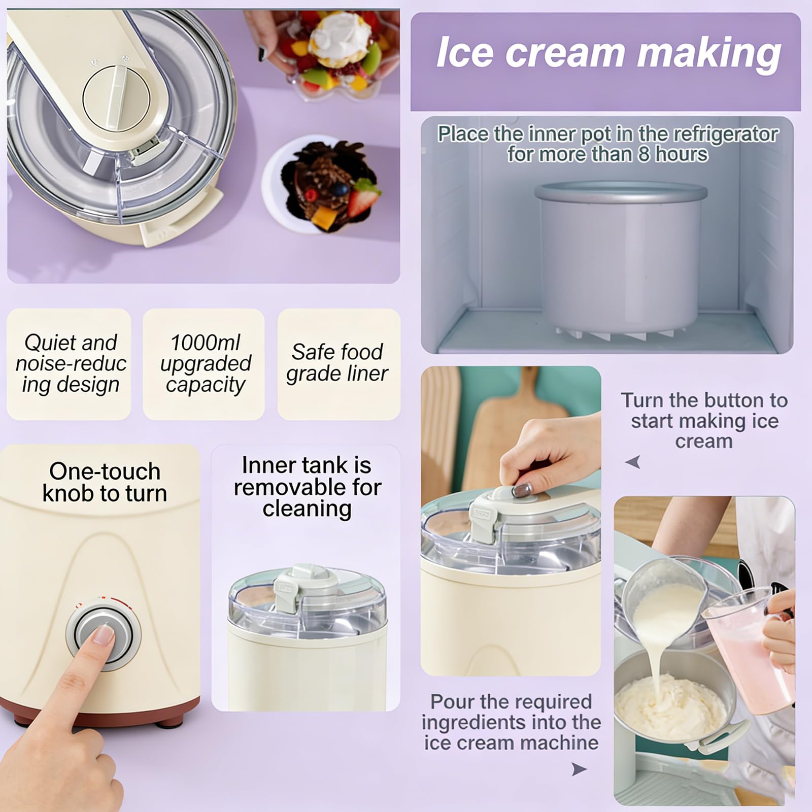 Macchina per Gelato 1L, Macchina per Gelato Soft da Banco con Raffreddamento Rapido e Funzionamento One Push, Macchine per Frozen Yogurt per Casa, Bar, Caffetteria