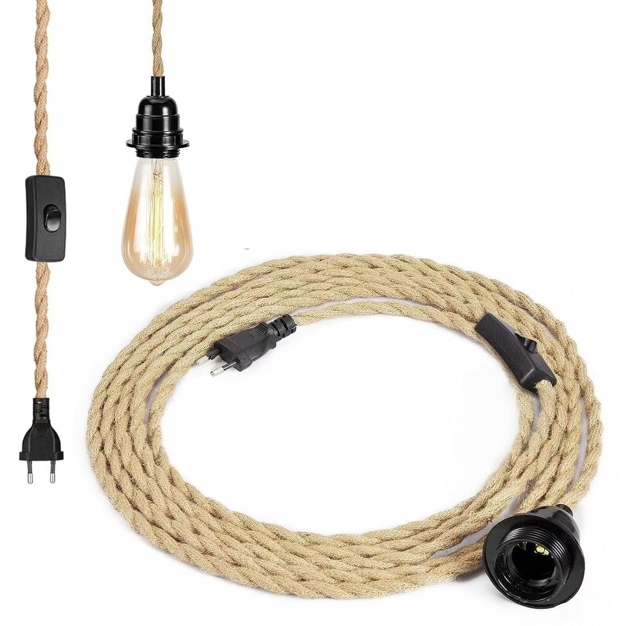 HENGBIRD Lampenfassung E27 mit Kabel 4.5m mit Schraubbeutel und Bakelithaken,Vintage Hanfseillampenfassung mit Kabel und Stecker,Diy E27 Fassung für Wohnzimmer Küche Bar, Bis 210°C Hitzebeständig