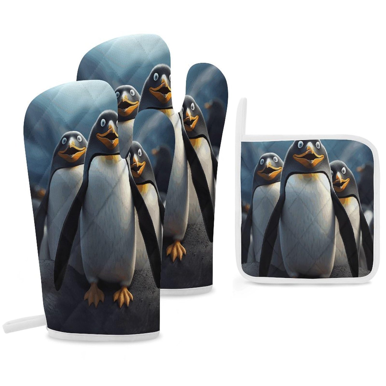 Fekiloot Style Funny Penguins Oven Mitts Funny Heat Resistant,Oven Glove With Hanging Loop,Resistant Hot Pads For Kitchen Baking Grilling Cooking