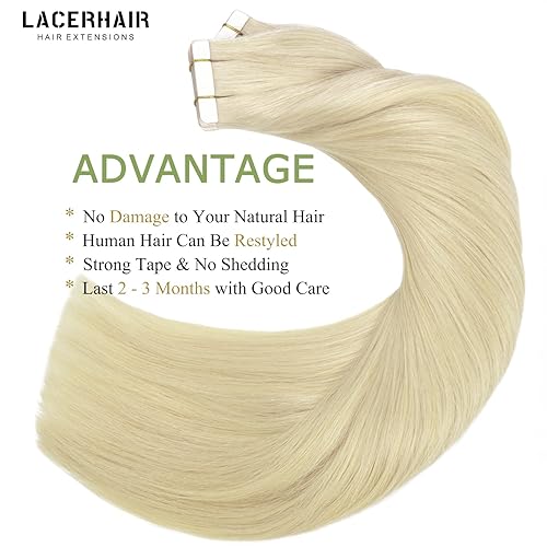 Miniatura 5 de Lacer Extensiones de cabello humano real con cinta en rubio platino, sin costuras, doble cara, lacio, natural, grueso, para mujeres, 18 pulgadas, 20