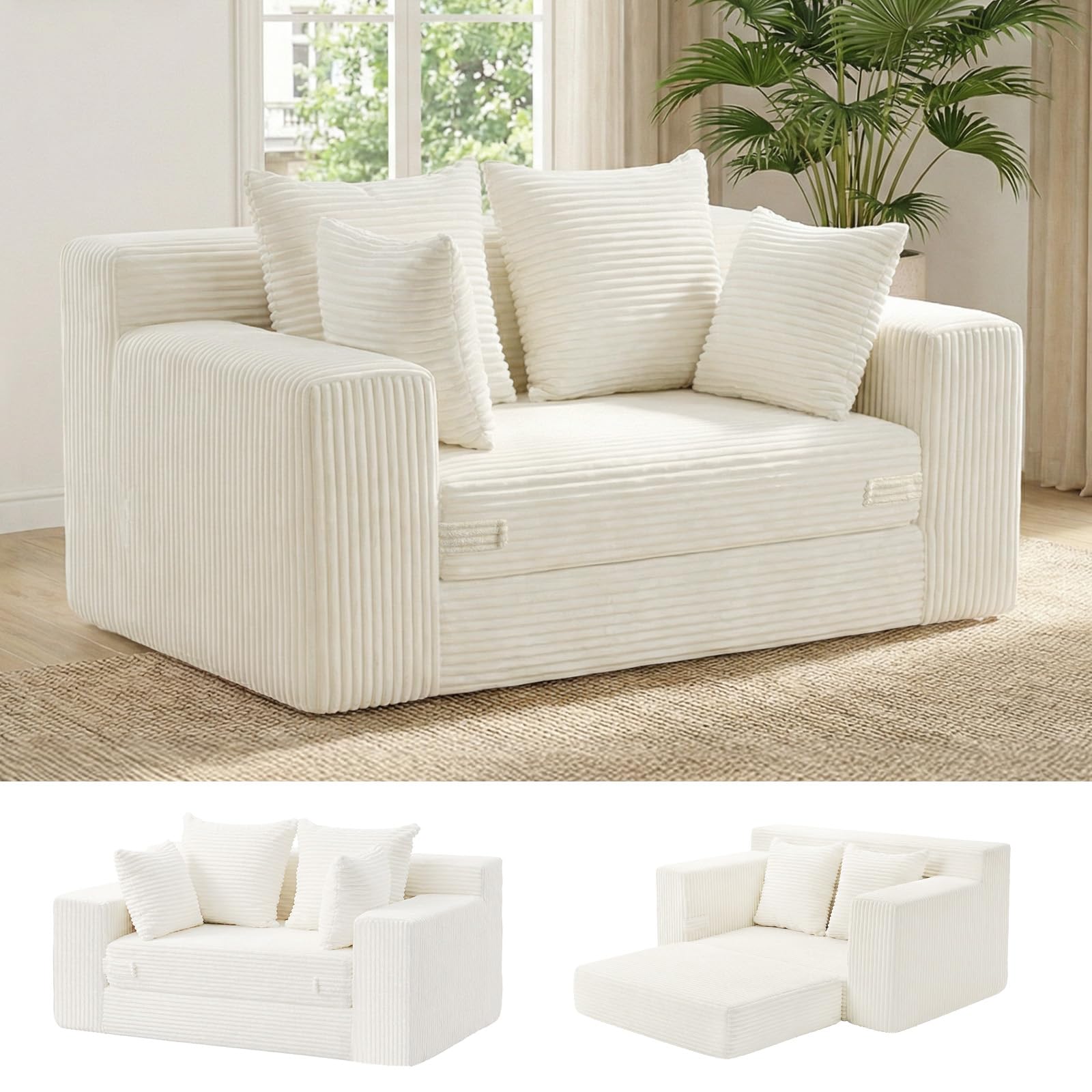 cidludto Convertible Sofa Bed, Boneless Couch 2 in 1 Loveseat Folding Couch Bed Foldable, Boneless Chair Bed & Futon Sofa, Small Couch Corduroy Pull Out Sofa with 4 Pillows for Living Room, Beige