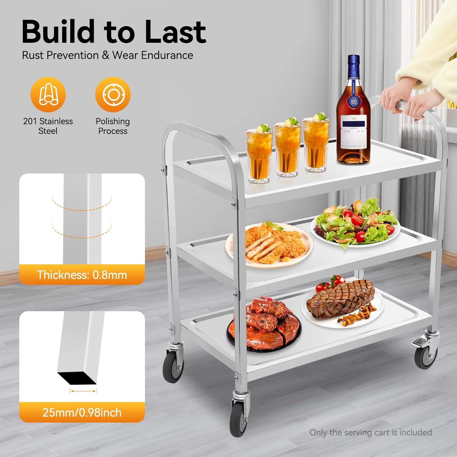 Carro de servir de acero inoxidable, con 3 estantes y ruedas, carrito de cocina para restaurante, hotel, escuela, cocina (75 x 40 x 83,5 cm)