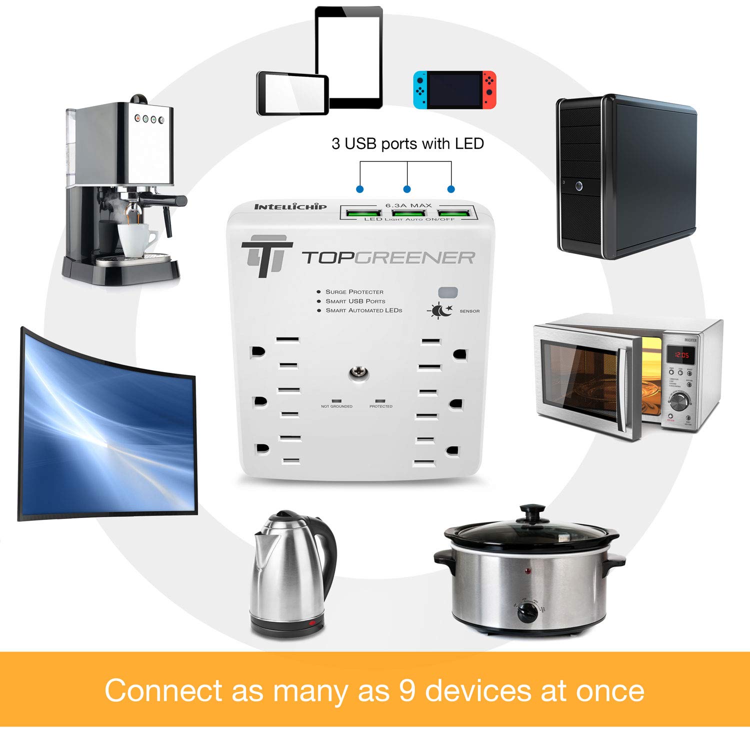 One-Day Sale: Up to 60% Off TOPGREENER 6-Outlet Wall Mount Surge Protector Wall Tap, 900 Joules Surge Suppressor, 6.3A USB Ports, Auto Sensor LED Guide Light, 15A 125V Receptacles, TGSP615P68A, White, 2 Pack Exclusive TOPGREENER 6-Outlet Wall Mount Surge Protector Wall Tap, 900 Joules Surge Suppressor, 6.3A USB Ports, Auto Sensor LED Guide Light, 15A 125V Receptacles, TGSP615P68A, White, 2 Pack