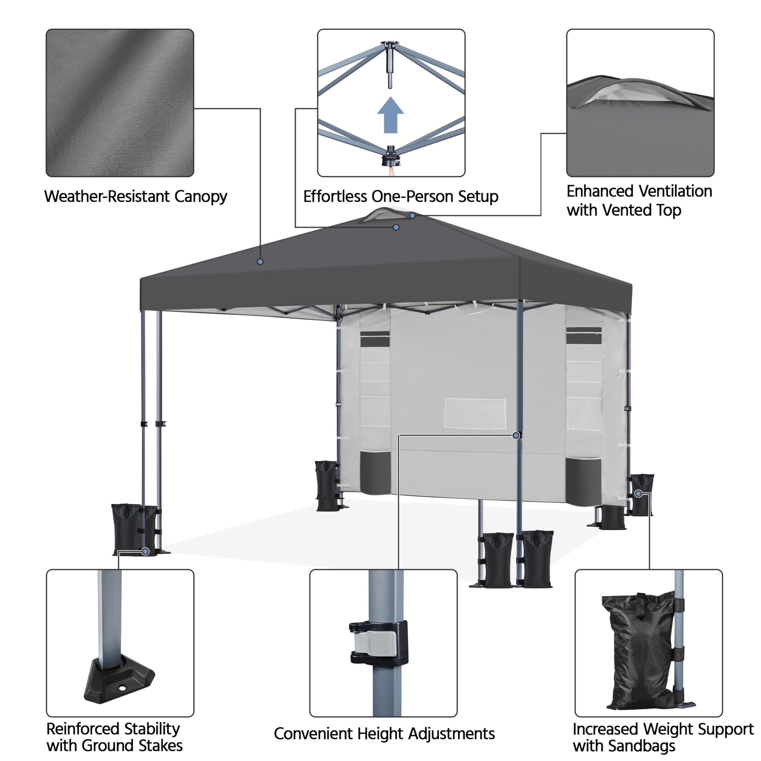 Yaheetech 3x3M Carpa Pop-Up con Botón Central con Pared Lateral de 9 Bolsillos de Almacenamiento, 1 Bolsa con Ruedas y 4 Sacos de Arena para Playa, Patio, Camping y Jardín, Gris Oscuro