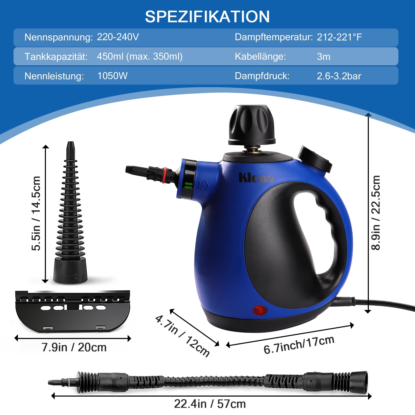 KLONA Dampfreiniger Handgerät, Steam Cleaner mit 10 Zubehör | für Teppiche, Fliesen, Sofas, Bad, Küche | Schmutz Bakterien Fett | 3 Min Schnellheizung | Dampfdruck: 3.2 bar | chemiefrei