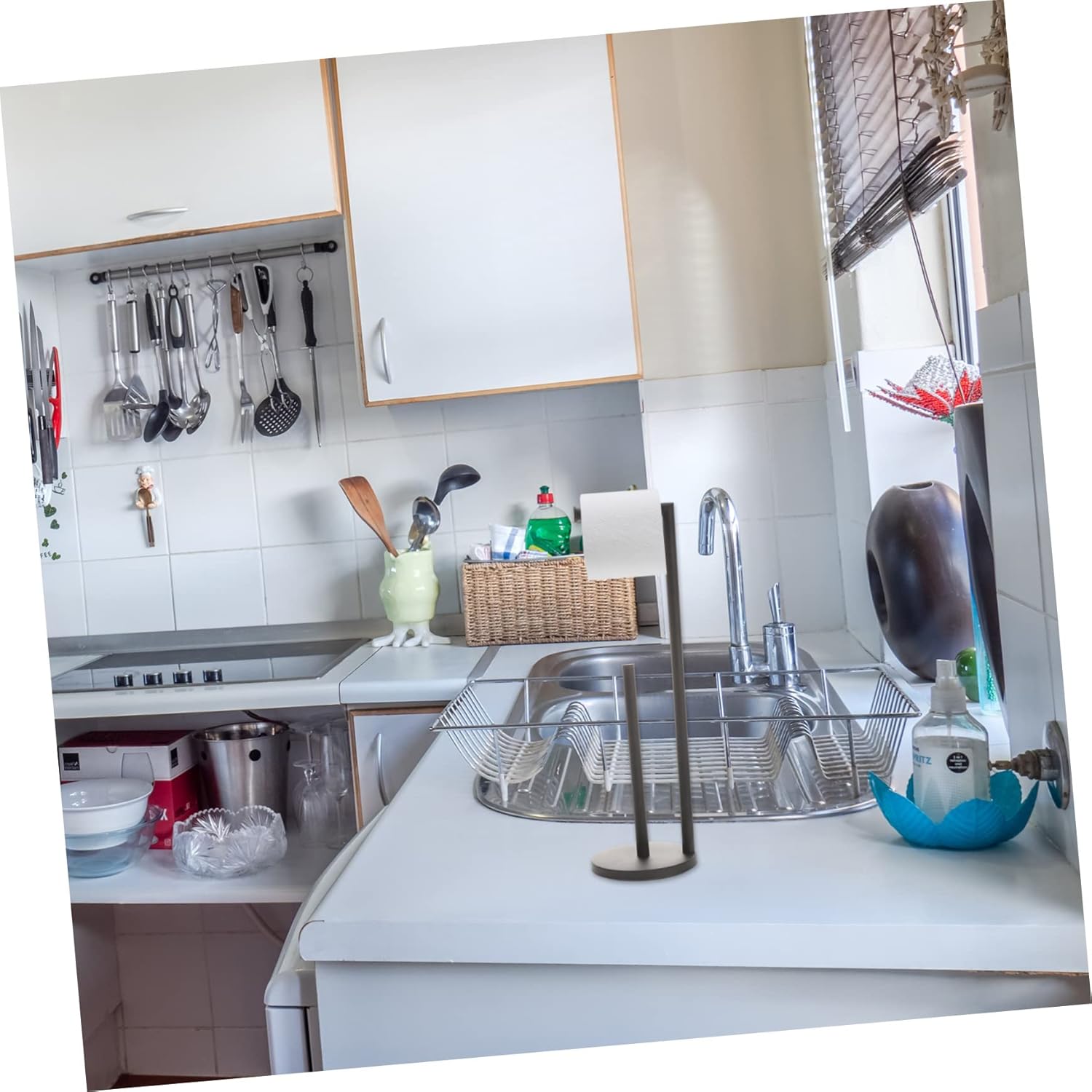 Standing Toilet Paper Holder Stand Vertical Paper Towel Rack with Sturdy Flat Base for Bathroom Kitchen Living Space-Saving Easy One-Hand Operation Fits Standard
