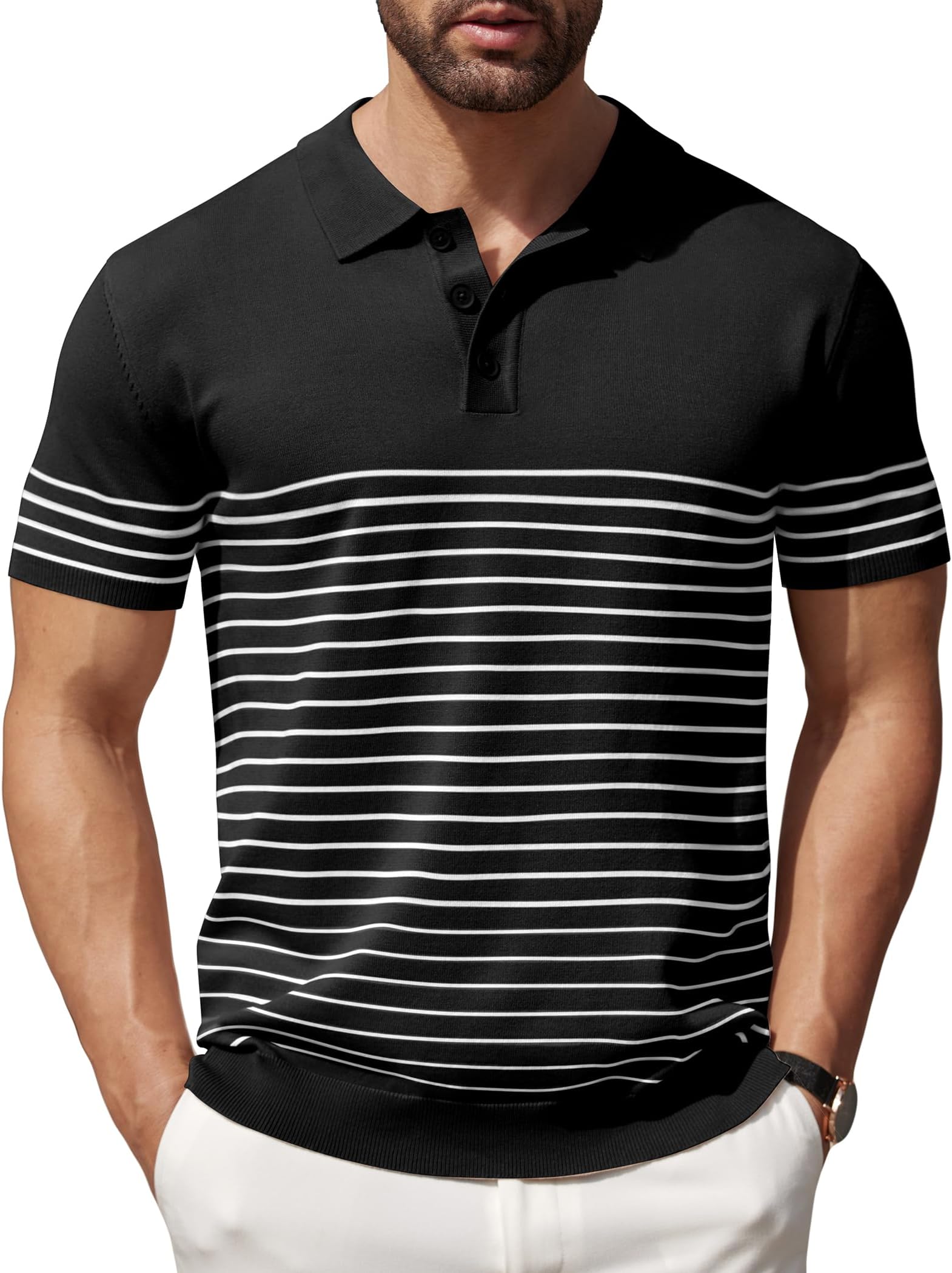 COOFANDY Men's Short Sleeve Polo Shirts Vintage Knitted Shirt Casual Button Down Golf Shirts