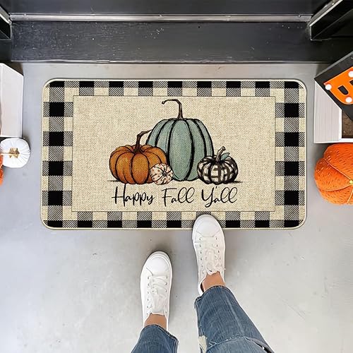 Miniatura 2 de Felpudo de otoño con diseño de calabaza a cuadros de búfalo de otoño para puerta de casa de campo, alfombra de pasillo de entrada de perfil bajo