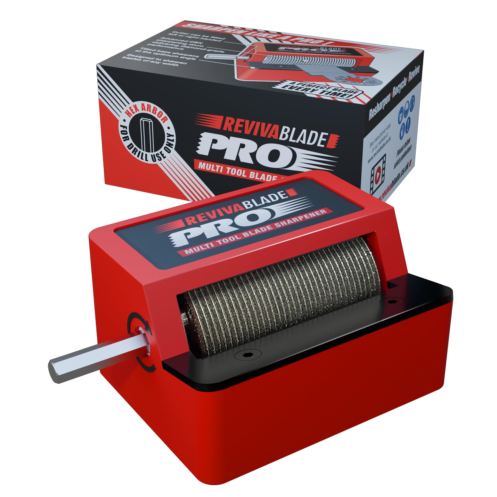 Revivablade® Pro - Multi-Tool Blade Sharpener. Resharpen’s Oscillating Multi-Tool Blades Up to 68mm Wide. Use with Cordless Drill. CBN Sharpening Technology. Diamond Grade Precision. Trades & DIY