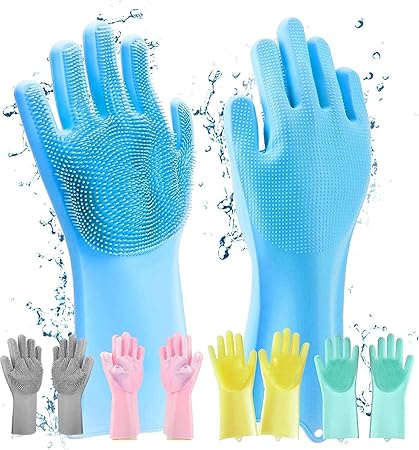 MARJOLE Silicone Magic Dish Washing Gloves, Heavy Duty Silicone Hand Gloves for Kitchen Dishwashing and Pet Grooming | Great for Washing Dish, Car, Bathroom (Multicolor) - 1 Pair