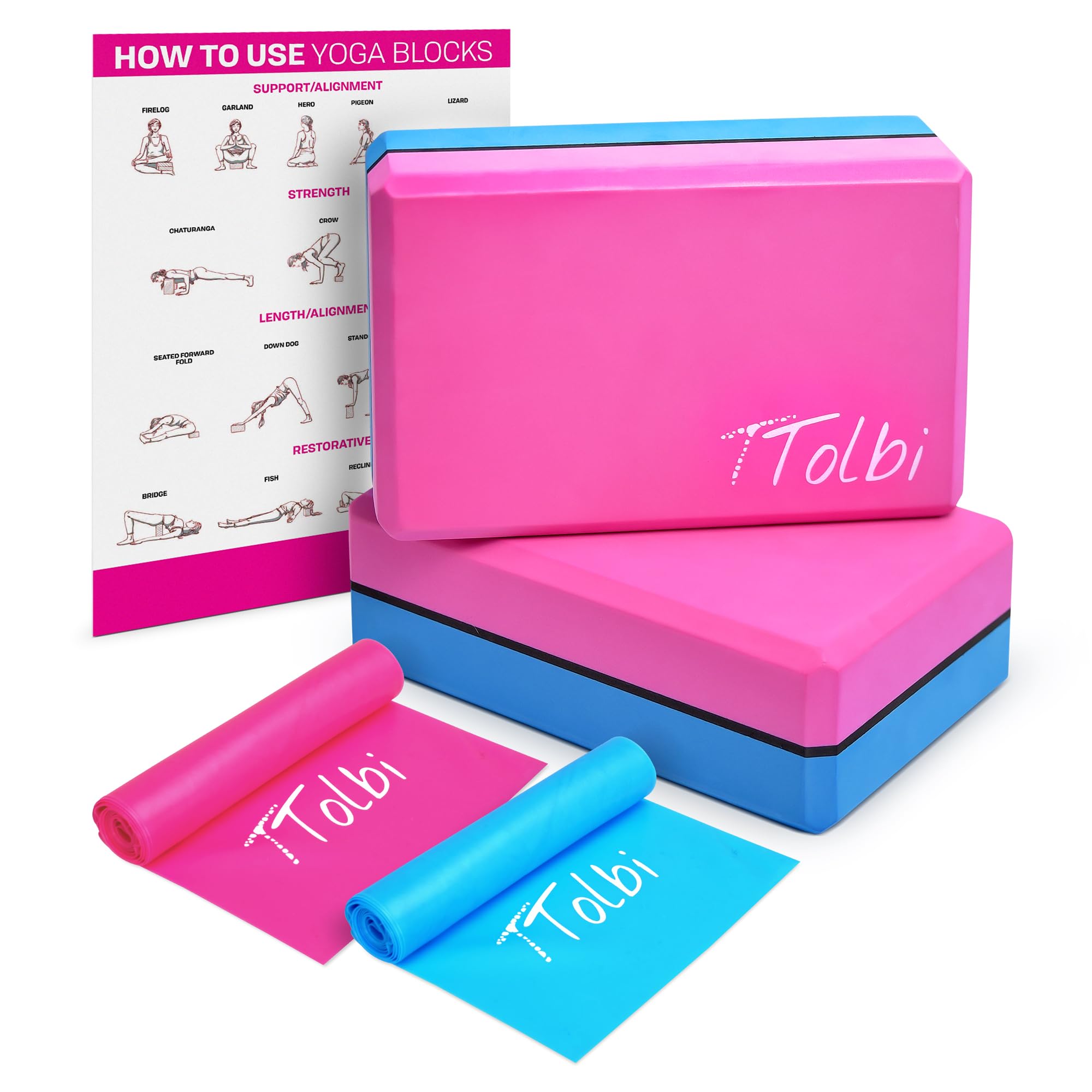 Yoga Blocks 2 Pack Kit with Resistance Bands & Guide: Non-Slip EVA Foam Block - Ideal Stretching Equipment for Home Workouts, Dance, Ballet, Gymnastics, Pilates, Exercise - Stretch Strap Stuff Props