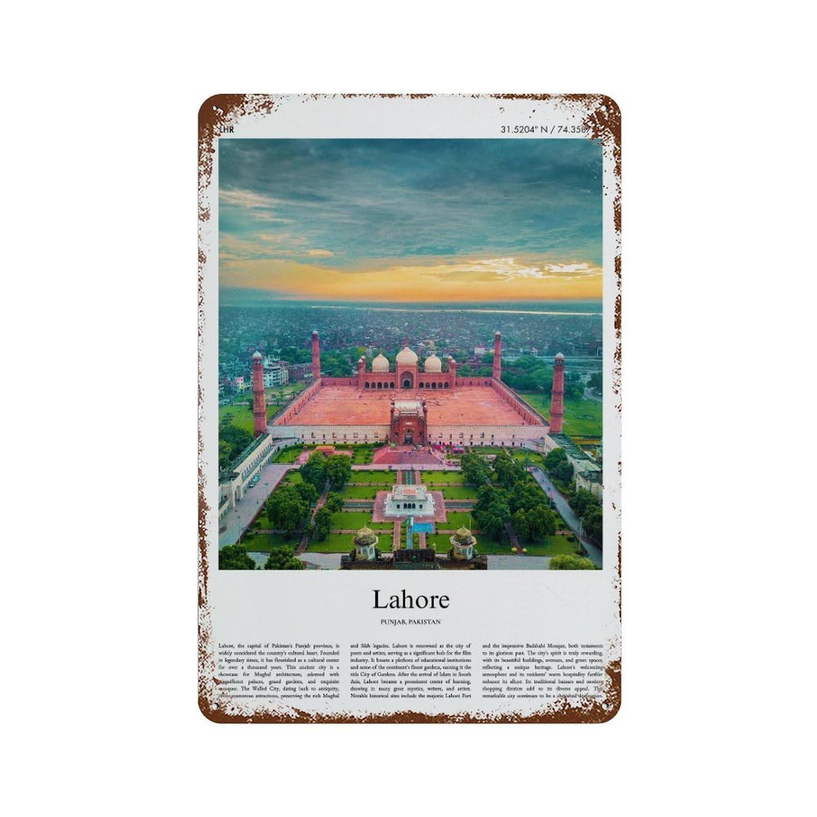 xiaoxiaoshen Lahore Punjab, Pakistan City Scenery Wall Decor Art Metal Tin Poster Modern Home Decor Art Home Bar Shop Decorations Vintage Sign 30x20cm