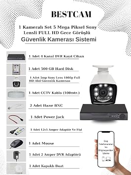 BESTCAM 1 Kameral  Set 5 Mega Piksel Sony Lensli FULL HD Gece G r l  G venlik Kamera Seti 500 GB Hard disk
