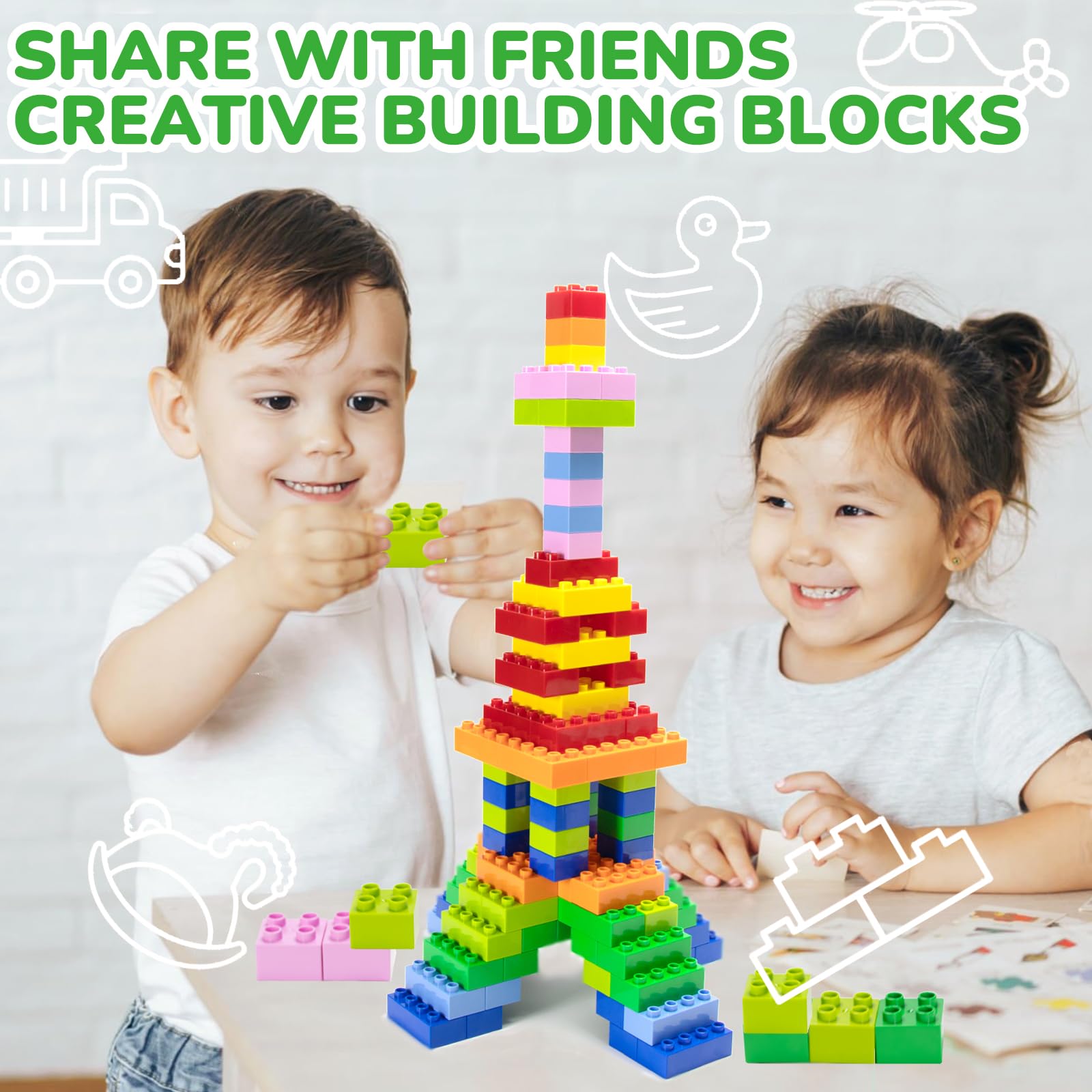 200 Stück Große Bausteine Set, 2 Formen und 8 Farben Bauklötze, Kompatibel mit Duplo Steine und Allen führenden Marke, Bunte Bauspielzeug für Kinder ab 3 Jahren
